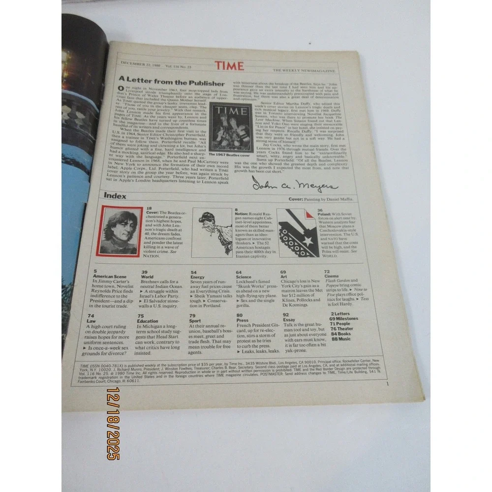 Time Magazine December 22 1980 John Lennon When the Music Died Cover